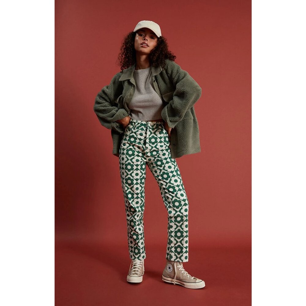 PacSun Retro Floral Print Pants Green White High Rise Straight Leg Jeans